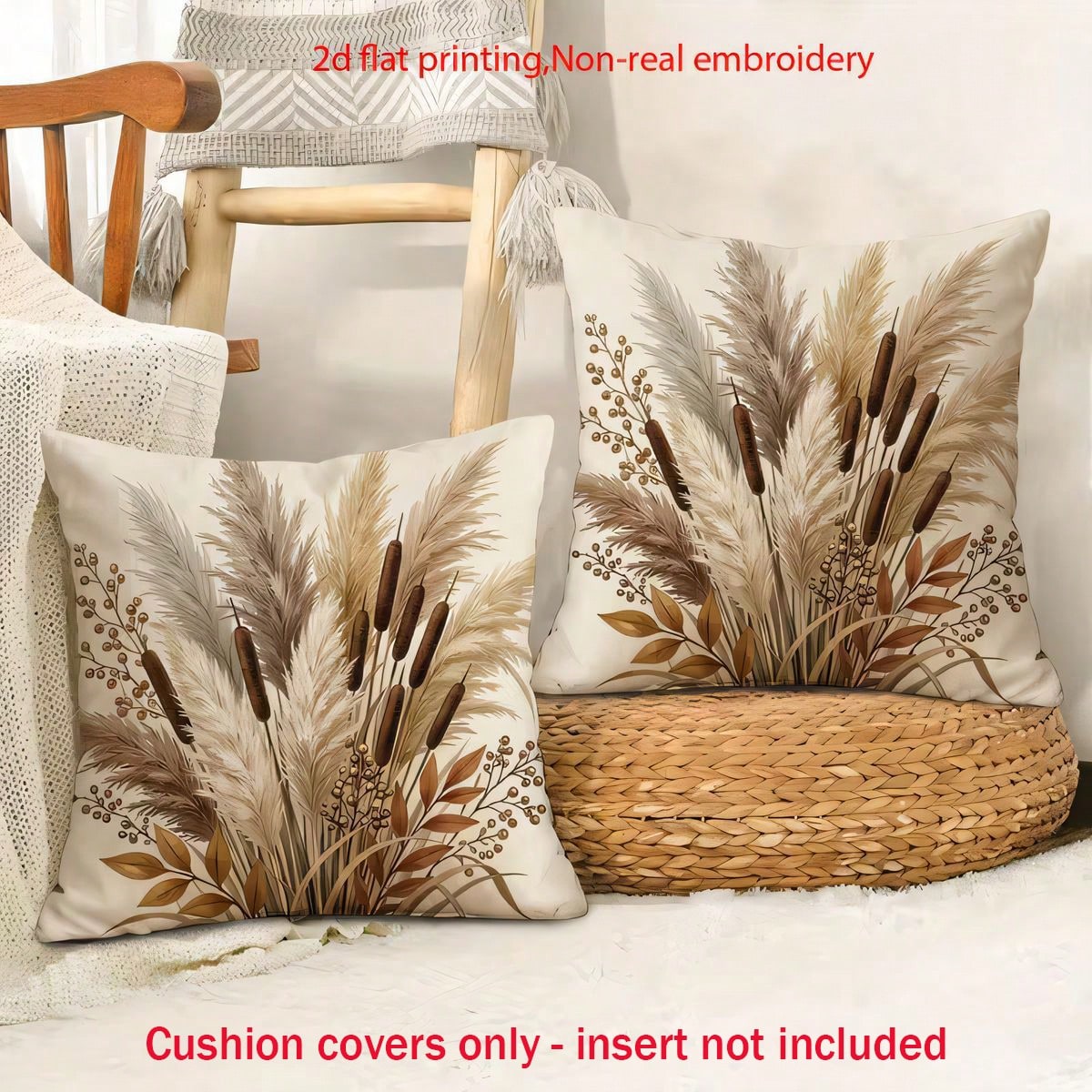2pcs Gentle Earth Tone Dried Flower & Reed Print Cushion Covers, Versatile Decorative Throw Pillowcases For Outdoor Patio Sofa, Suitable For Sofa, Bedroom; Only Pillowcase Pillow Insert Not Included 4
