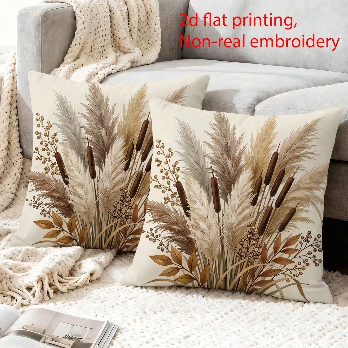 2pcs Gentle Earth Tone Dried Flower & Reed Print Cushion Covers, Versatile Decorative Throw Pillowcases For Outdoor Patio Sofa, Suitable For Sofa, Bedroom; Only Pillowcase Pillow Insert Not Included 4