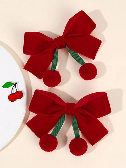 2pcs Hair Clips, Cute Tassel Cherry Bow Hair Clips, Solid Red Bow Alligator Clips, New Year Headwear Gift, Suitable For Toddler Girls, Kids And Babies, Hair Accessories, Valentine's Day Heart Gift