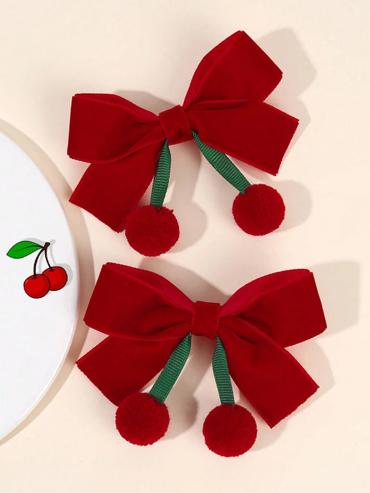 2pcs Hair Clips, Cute Tassel Cherry Bow Hair Clips, Solid Red Bow Alligator Clips, New Year Headwear Gift, Suitable For Toddler Girls, Kids And Babies, Hair Accessories, Valentine's Day Heart Gift
