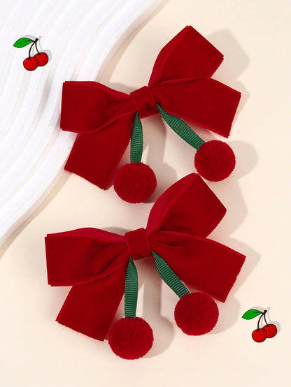 2pcs Hair Clips, Cute Tassel Cherry Bow Hair Clips, Solid Red Bow Alligator Clips, New Year Headwear Gift, Suitable For Toddler Girls, Kids And Babies, Hair Accessories, Valentine's Day Heart Gift