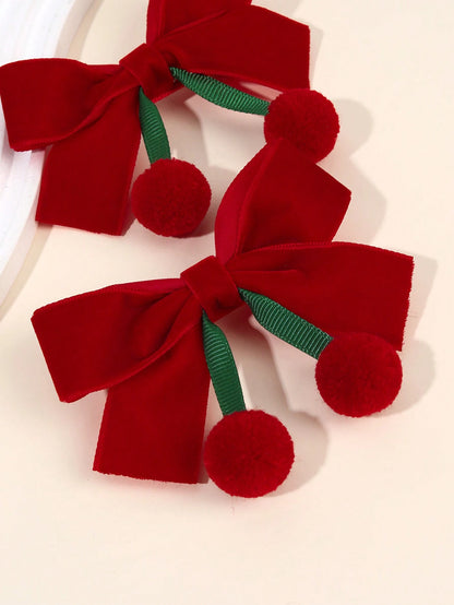 2pcs Hair Clips, Cute Tassel Cherry Bow Hair Clips, Solid Red Bow Alligator Clips, New Year Headwear Gift, Suitable For Toddler Girls, Kids And Babies, Hair Accessories, Valentine's Day Heart Gift