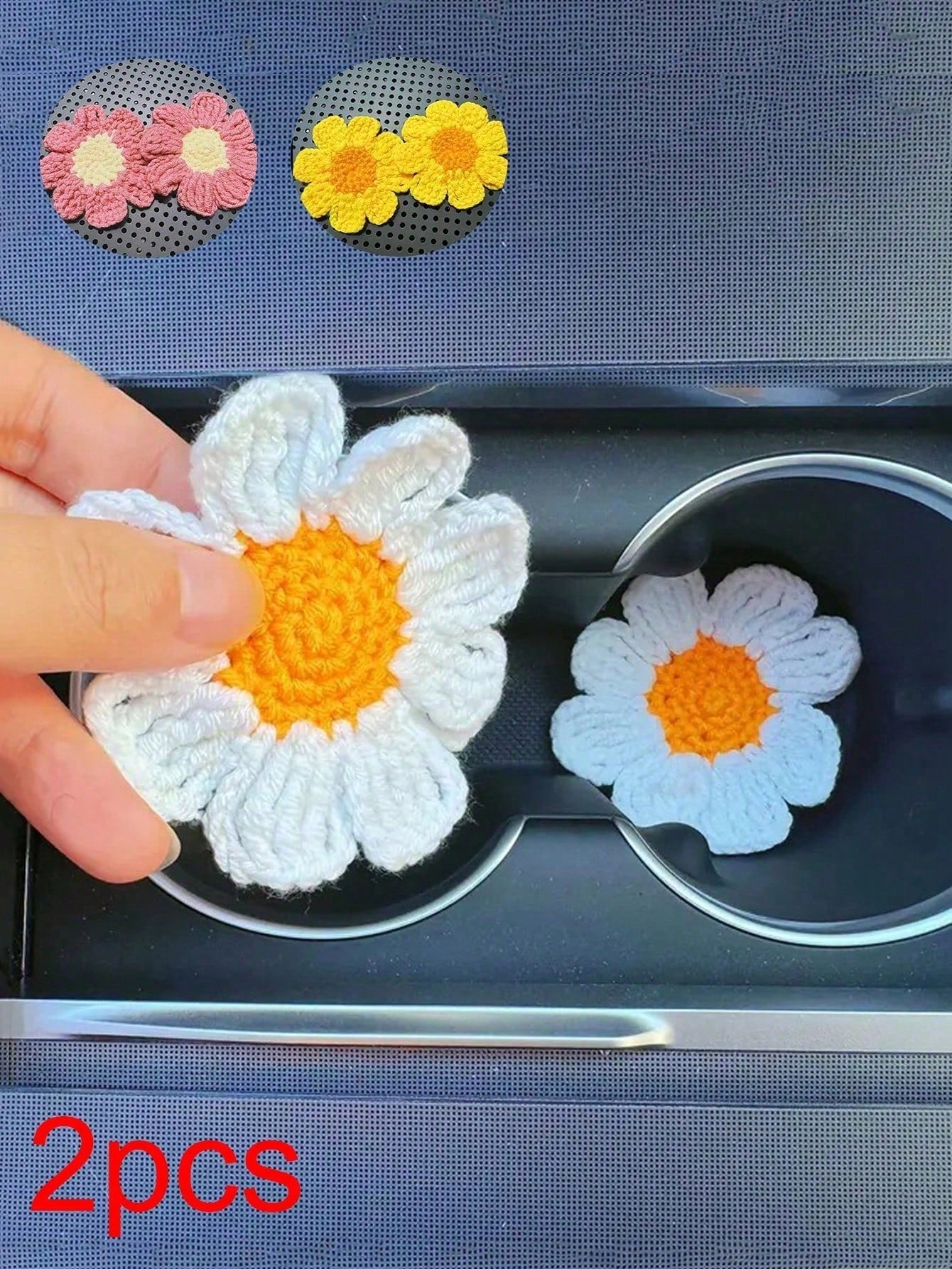 2pcs Handmade Knitted Floral Coasters, Cute Daisy Flower Car Cup Mats, Handcrafted Car Interior Decor Coasters