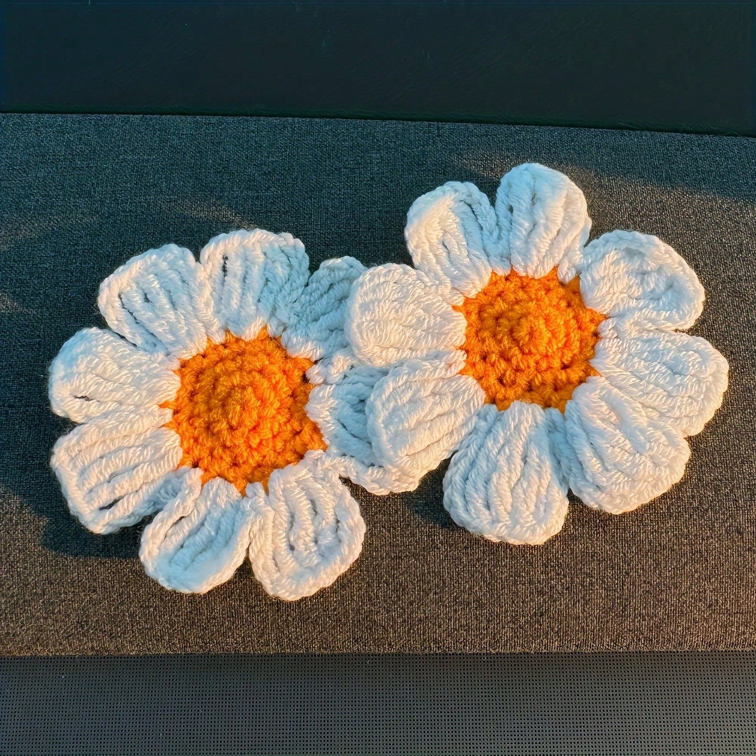 2pcs Handmade Knitted Floral Coasters, Cute Daisy Flower Car Cup Mats, Handcrafted Car Interior Decor Coasters