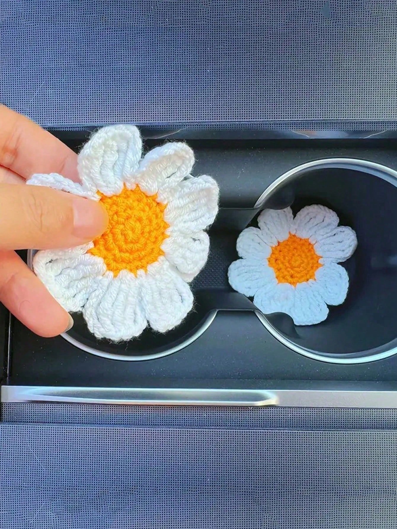 2pcs Handmade Knitted Floral Coasters, Cute Daisy Flower Car Cup Mats, Handcrafted Car Interior Decor Coasters