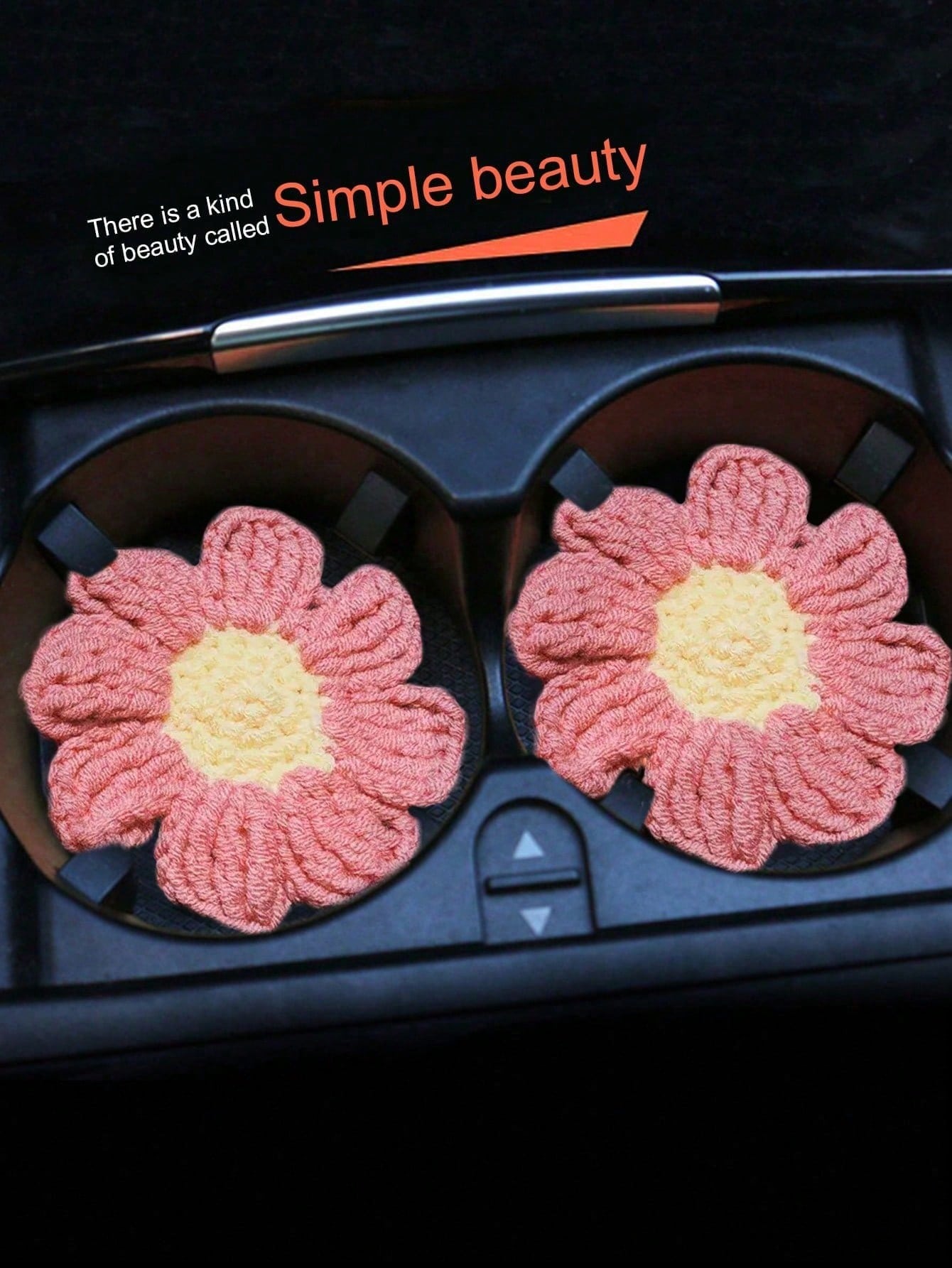2pcs Handmade Knitted Floral Coasters, Cute Daisy Flower Car Cup Mats, Handcrafted Car Interior Decor Coasters