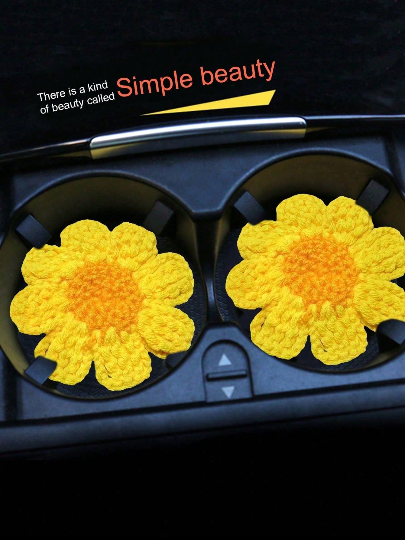 2pcs Handmade Knitted Floral Coasters, Cute Daisy Flower Car Cup Mats, Handcrafted Car Interior Decor Coasters
