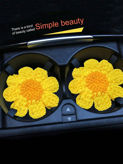 2pcs Handmade Knitted Floral Coasters, Cute Daisy Flower Car Cup Mats, Handcrafted Car Interior Decor Coasters