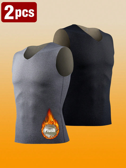 2pcs Men Double-Sided Fleecy Seamless Unisex Vest, Contoured Fit Undershirt With Brushed Lining, Fall/ Winter