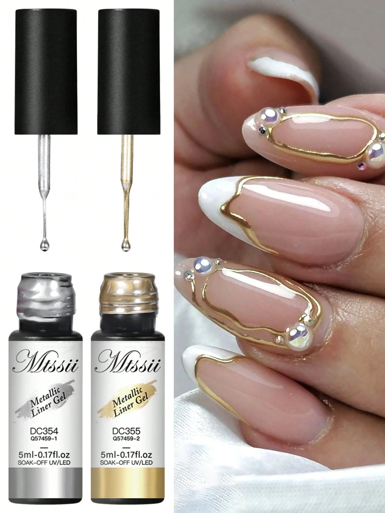 2PCS Metallic Painting Liner Gel Nail Polish Set, Gold Silver Gel Polish, Semi-Permanent Line UV Gel Nail Art Varnish For Painted Drawing French Nails Manicure Kit For Home Salon Diy Gift For Women