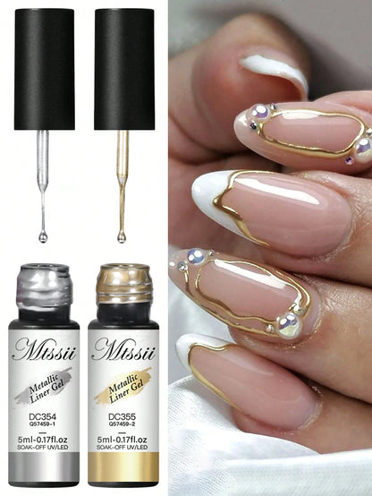 2PCS Metallic Painting Liner Gel Nail Polish Set, Gold Silver Gel Polish, Semi-Permanent Line UV Gel Nail Art Varnish For Painted Drawing French Nails Manicure Kit For Home Salon Diy Gift For Women