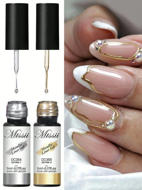 2PCS Metallic Painting Liner Gel Nail Polish Set, Gold Silver Gel Polish, Semi-Permanent Line UV Gel Nail Art Varnish For Painted Drawing French Nails Manicure Kit For Home Salon Diy Gift For Women