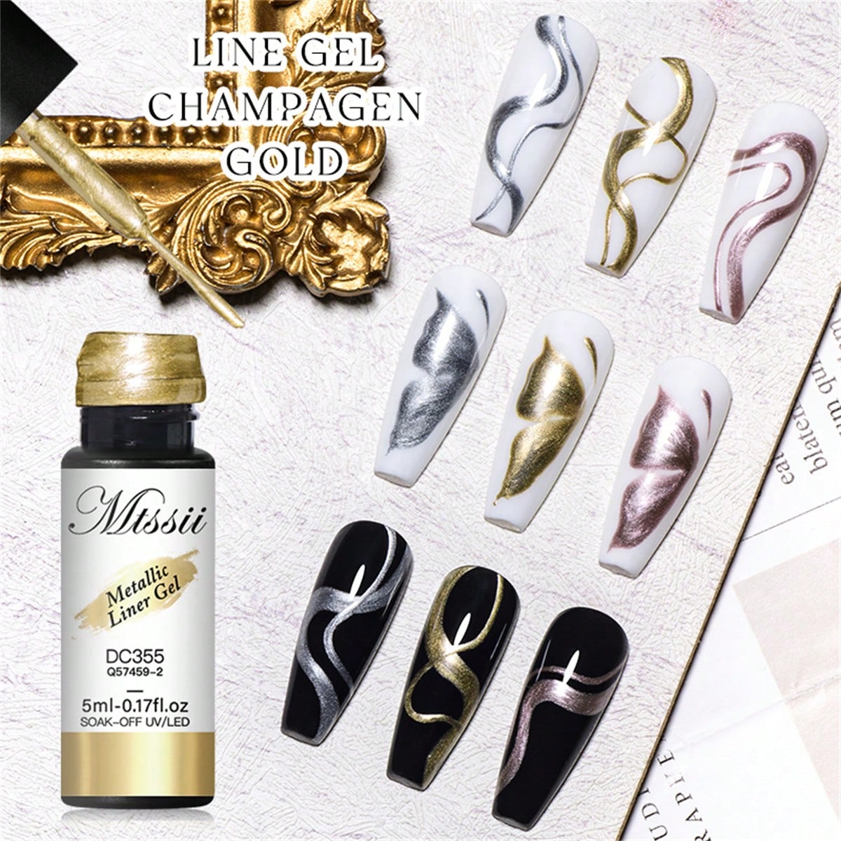 2PCS Metallic Painting Liner Gel Nail Polish Set, Gold Silver Gel Polish, Semi-Permanent Line UV Gel Nail Art Varnish For Painted Drawing French Nails Manicure Kit For Home Salon Diy Gift For Women