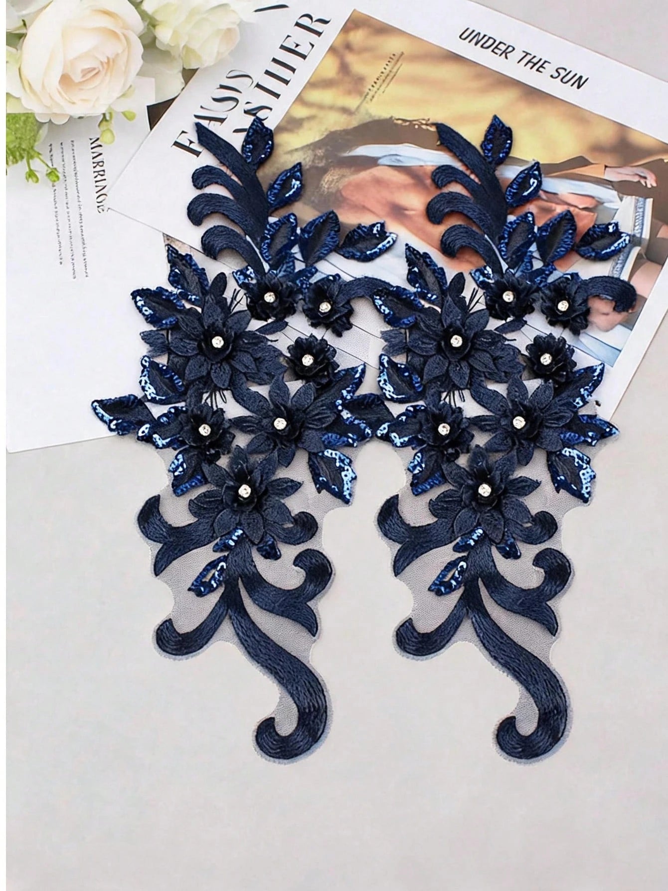 2pcs Navy Blue 3D Embroidered Applique Beaded Wedding Dress Accessories Mesh Lace DIY Performance Costume Embroidery Patch/Length:39CM/Width:16CM
