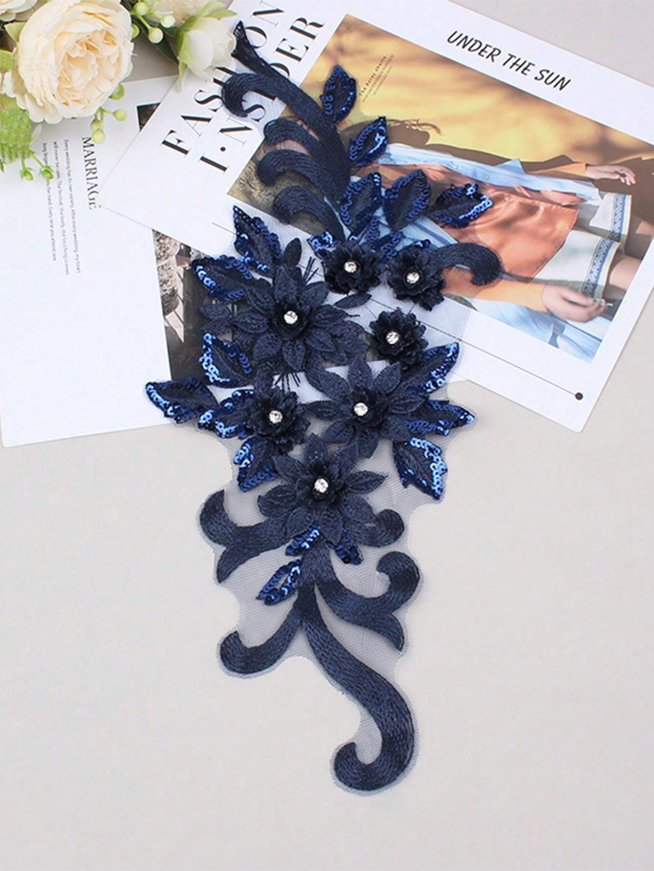 2pcs Navy Blue 3D Embroidered Applique Beaded Wedding Dress Accessories Mesh Lace DIY Performance Costume Embroidery Patch/Length:39CM/Width:16CM