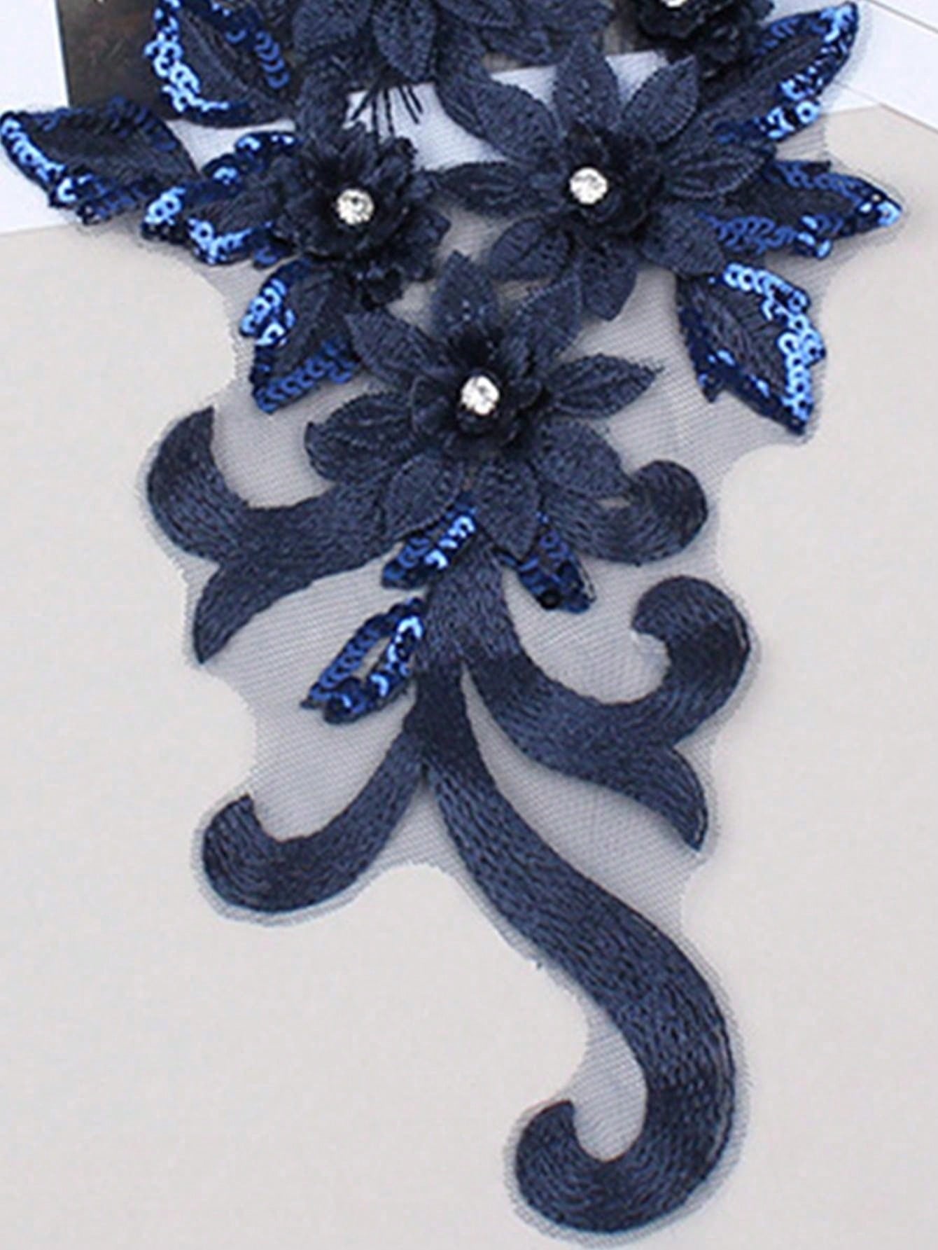 2pcs Navy Blue 3D Embroidered Applique Beaded Wedding Dress Accessories Mesh Lace DIY Performance Costume Embroidery Patch/Length:39CM/Width:16CM