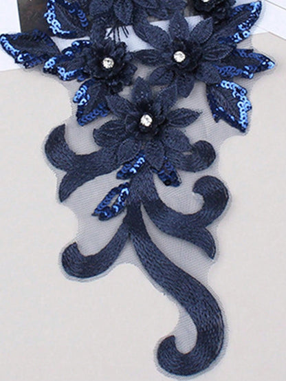 2pcs Navy Blue 3D Embroidered Applique Beaded Wedding Dress Accessories Mesh Lace DIY Performance Costume Embroidery Patch/Length:39CM/Width:16CM