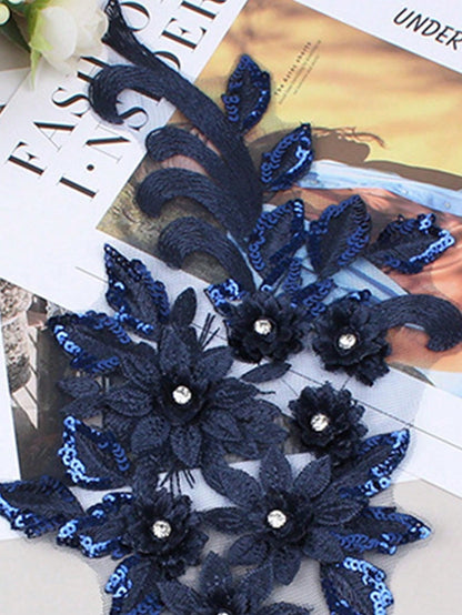 2pcs Navy Blue 3D Embroidered Applique Beaded Wedding Dress Accessories Mesh Lace DIY Performance Costume Embroidery Patch/Length:39CM/Width:16CM