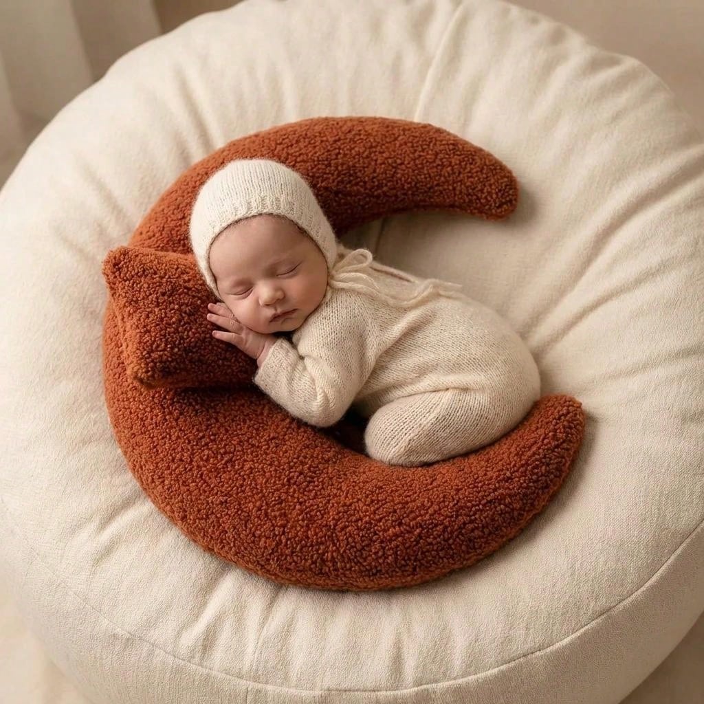 2pcs Newborn Crescent Moon Pillow Photography Props Set, Fabric Filled 3D Prop Pillow, Suitable For Newborn Baby Themed Photo Shoot