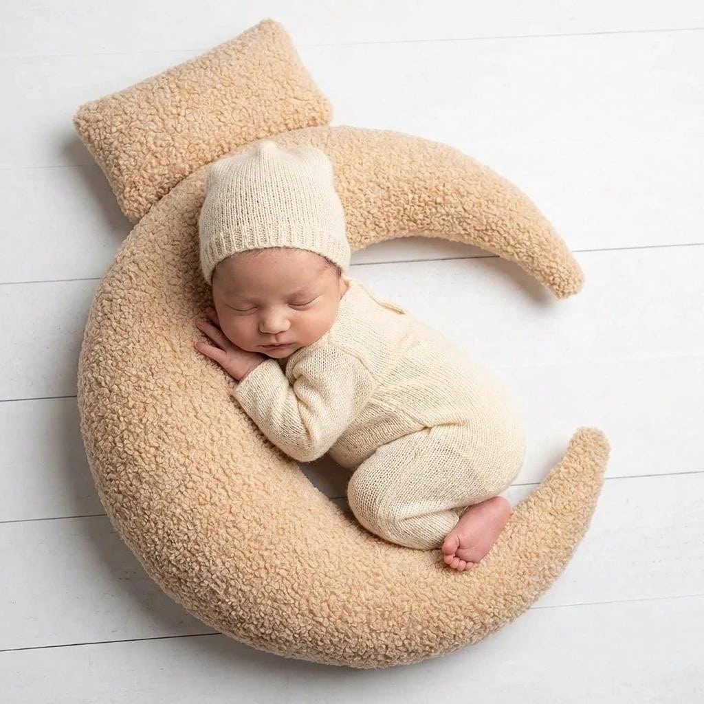 2pcs Newborn Crescent Moon Pillow Photography Props Set, Fabric Filled 3D Prop Pillow, Suitable For Newborn Baby Themed Photo Shoot