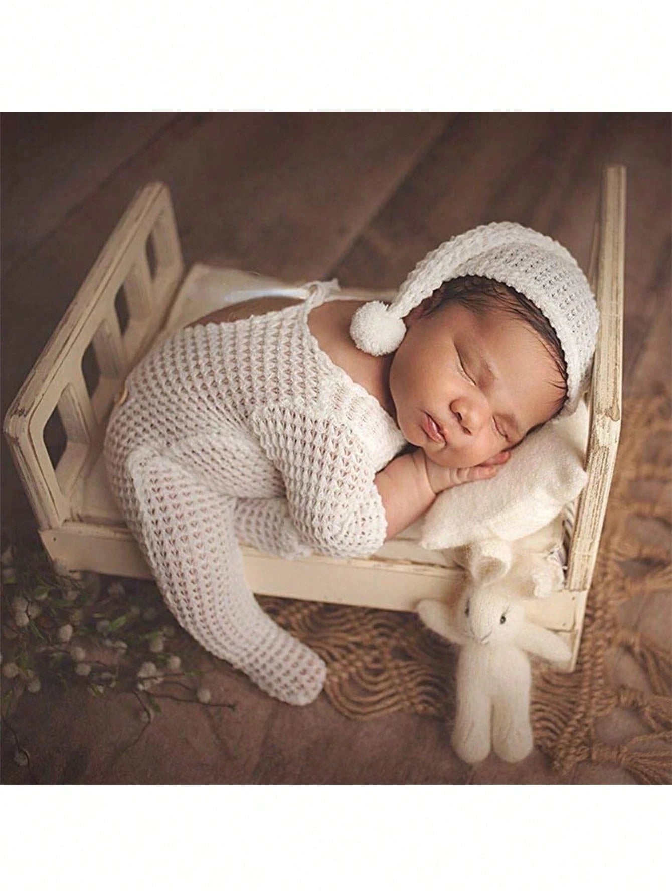 2pcs Newborn Photography White Jumpsuit Baby Photo Clothes Knitted Infant Romper For Boys And Girls 0-3 Months Baby Shower Family Decorations Gifts Baby Shower Easter Gifts Things For Girls/Boys