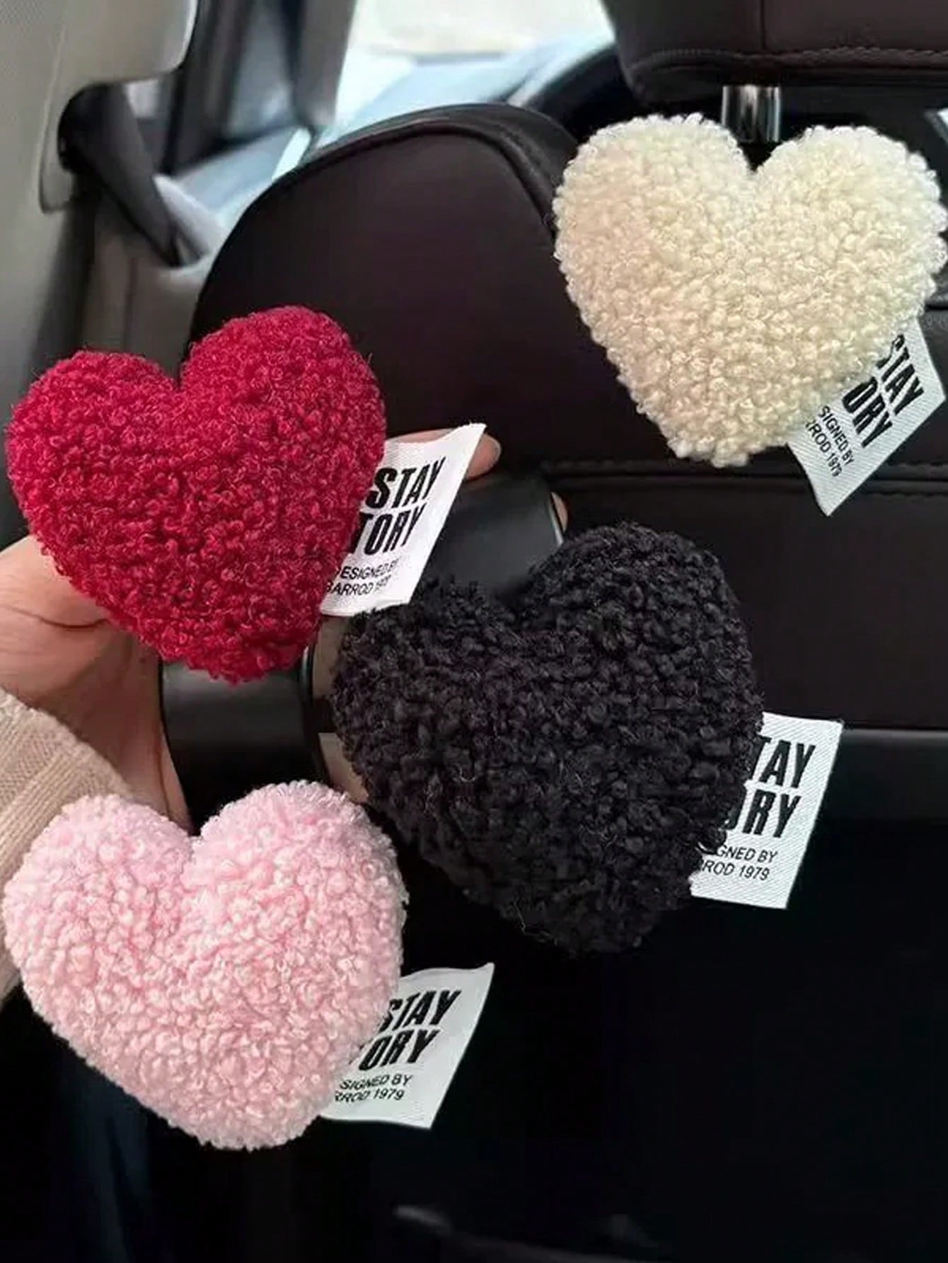 2pcs Plush Heart-Shaped Car Seat Back Hooks- Cute And Practical Seat Back Hanger Hooks, Suitable For Hanging Bags, Clothes And Accessories- Made Of Soft Plush And ABS Material- Easy To Install And