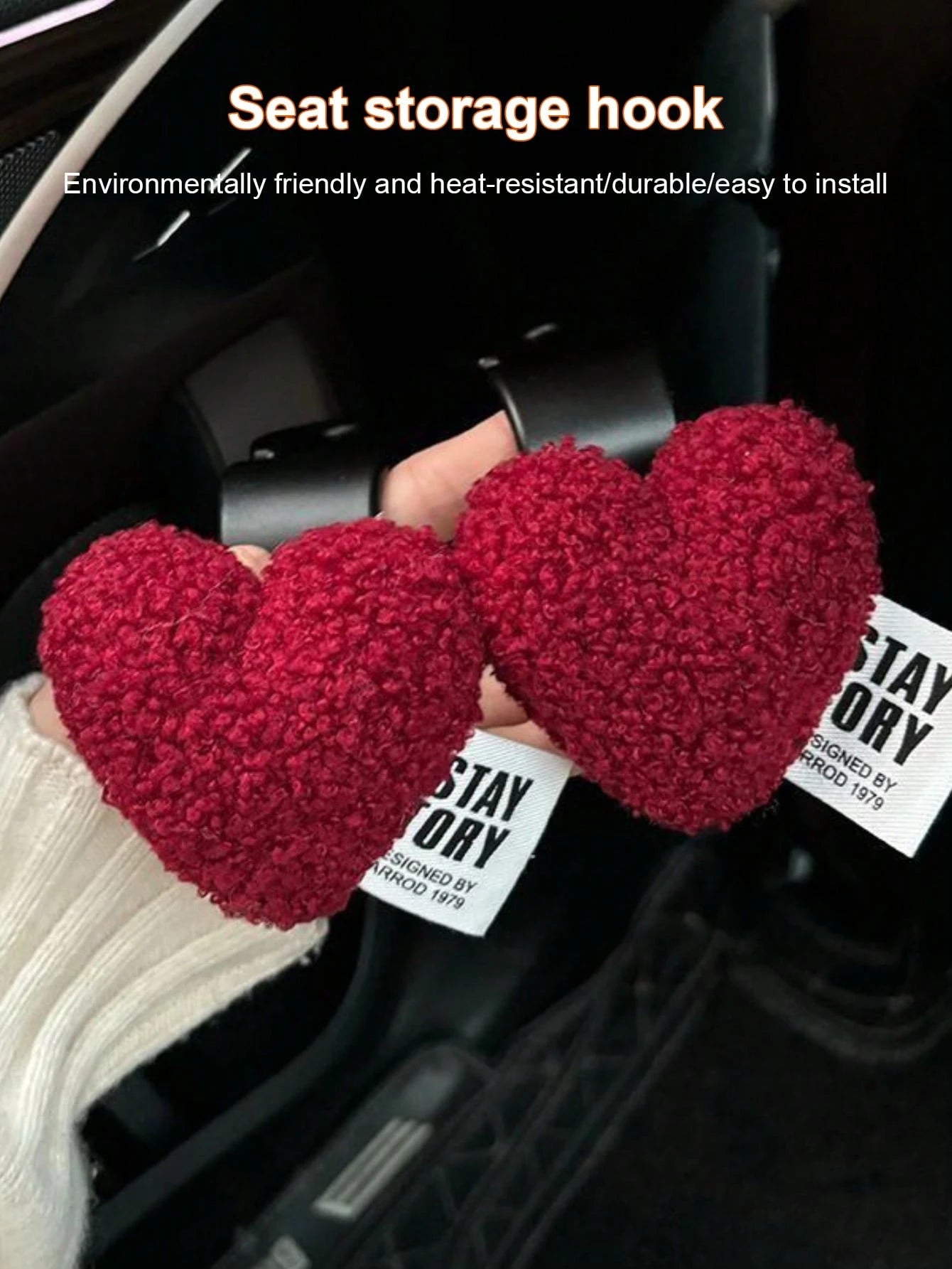 2pcs Plush Heart-Shaped Car Seat Back Hooks- Cute And Practical Seat Back Hanger Hooks, Suitable For Hanging Bags, Clothes And Accessories- Made Of Soft Plush And ABS Material- Easy To Install And