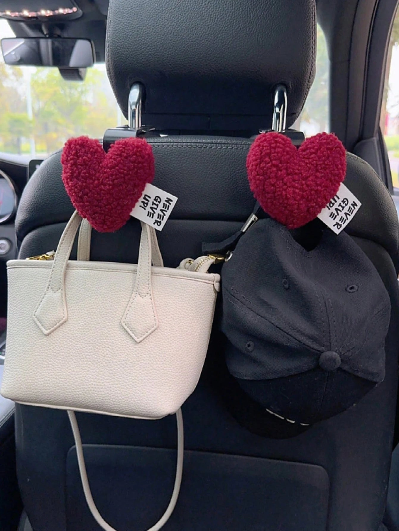 2pcs Plush Heart-Shaped Car Seat Back Hooks- Cute And Practical Seat Back Hanger Hooks, Suitable For Hanging Bags, Clothes And Accessories- Made Of Soft Plush And ABS Material- Easy To Install And