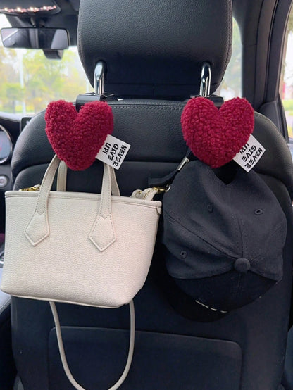 2pcs Plush Heart-Shaped Car Seat Back Hooks- Cute And Practical Seat Back Hanger Hooks, Suitable For Hanging Bags, Clothes And Accessories- Made Of Soft Plush And ABS Material- Easy To Install And