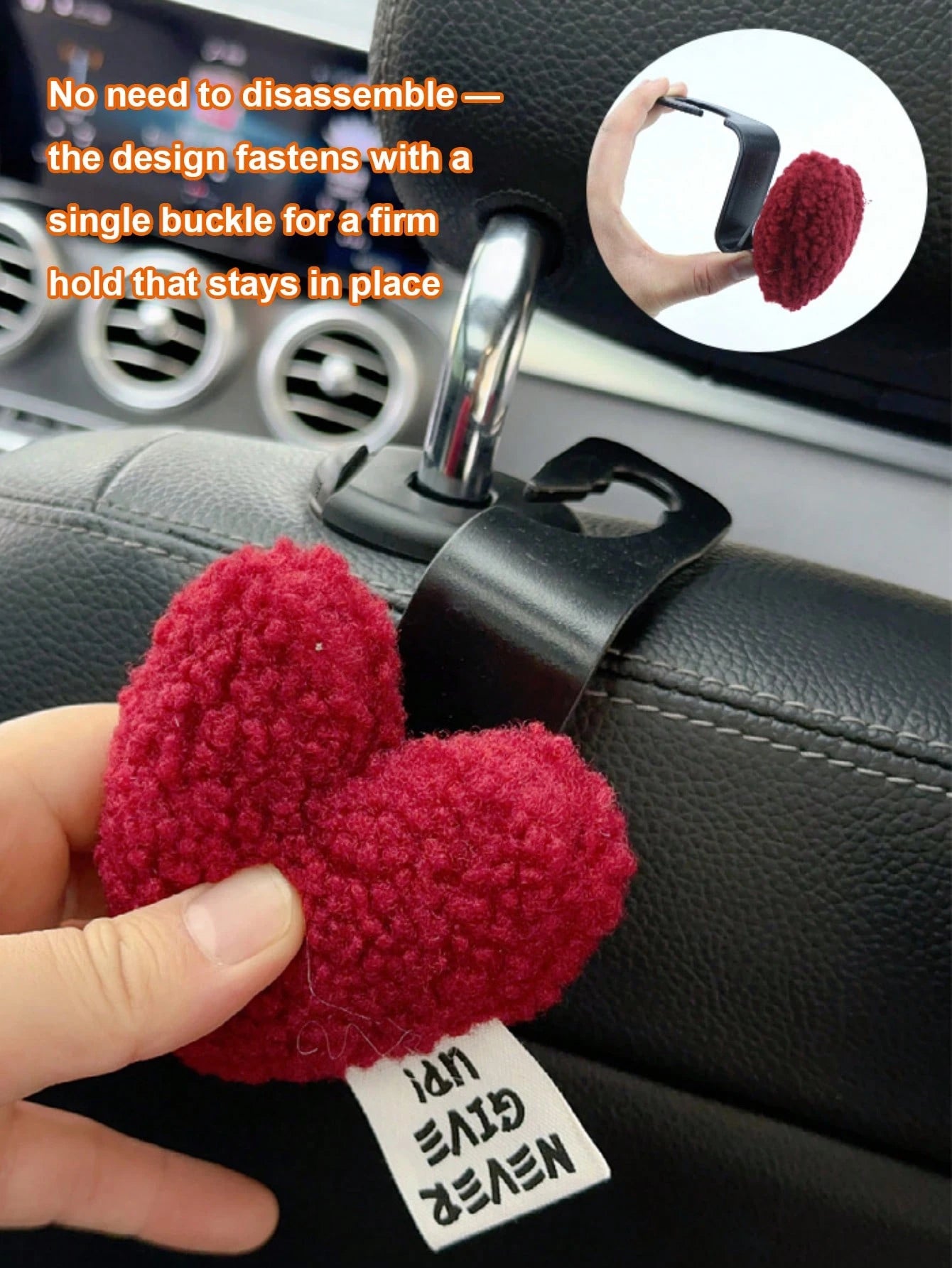 2pcs Plush Heart-Shaped Car Seat Back Hooks- Cute And Practical Seat Back Hanger Hooks, Suitable For Hanging Bags, Clothes And Accessories- Made Of Soft Plush And ABS Material- Easy To Install And