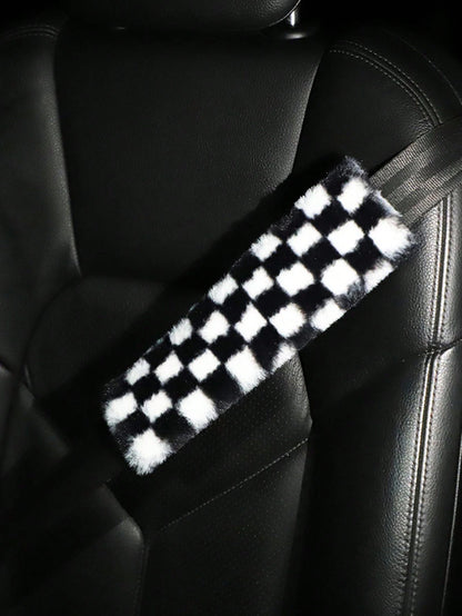 2pcs Plush Houndstooth Car Seat Belt Covers, Comfortable Car Accessories
