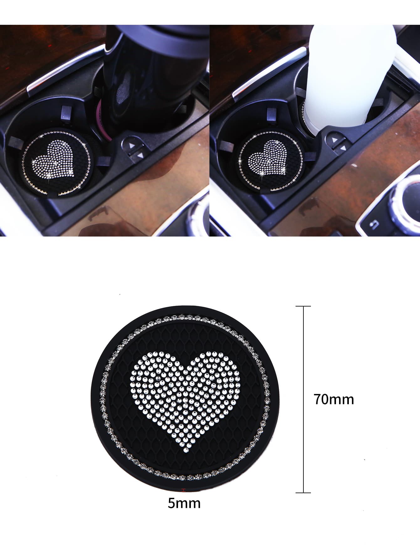 2pcs Rhinestone Heart Decor Car Coaster