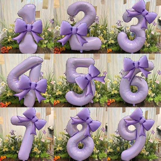 2pcs/Set 39-Inch Purple Number 0-9 Balloons, 21-Inch Bow Foil Balloons, Suitable For Birthday, Anniversary, Wedding, Baby Shower, Princess Party, Proposal And Other Holidays, Suitable For All Ages Bal