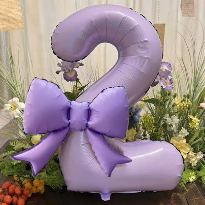 2pcs/Set 39-Inch Purple Number 0-9 Balloons, 21-Inch Bow Foil Balloons, Suitable For Birthday, Anniversary, Wedding, Baby Shower, Princess Party, Proposal And Other Holidays, Suitable For All Ages Bal