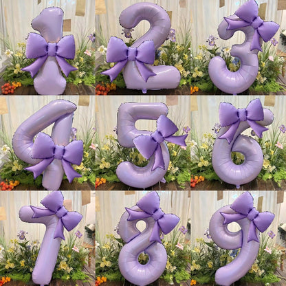 2pcs/Set 39-Inch Purple Number 0-9 Balloons, 21-Inch Bow Foil Balloons, Suitable For Birthday, Anniversary, Wedding, Baby Shower, Princess Party, Proposal And Other Holidays, Suitable For All Ages Bal