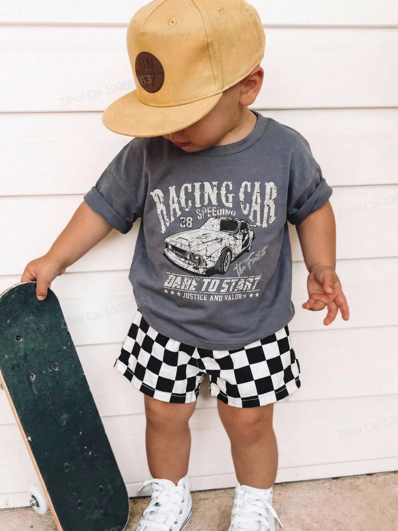 2pcs/Set Baby Boy Cute Summer Casual Vintage Distressed Car Graphic Loose Short Sleeve T-Shirt & Checkerboard Shorts Set, Racing Car Outfit For Infant