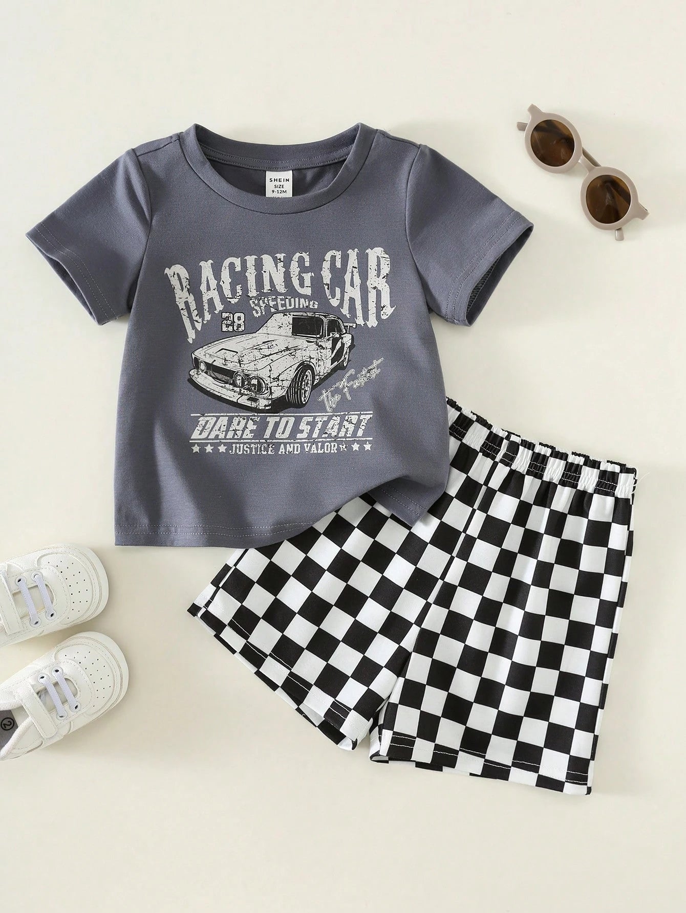 2pcs/Set Baby Boy Cute Summer Casual Vintage Distressed Car Graphic Loose Short Sleeve T-Shirt & Checkerboard Shorts Set, Racing Car Outfit For Infant