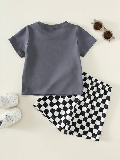 2pcs/Set Baby Boy Cute Summer Casual Vintage Distressed Car Graphic Loose Short Sleeve T-Shirt & Checkerboard Shorts Set, Racing Car Outfit For Infant