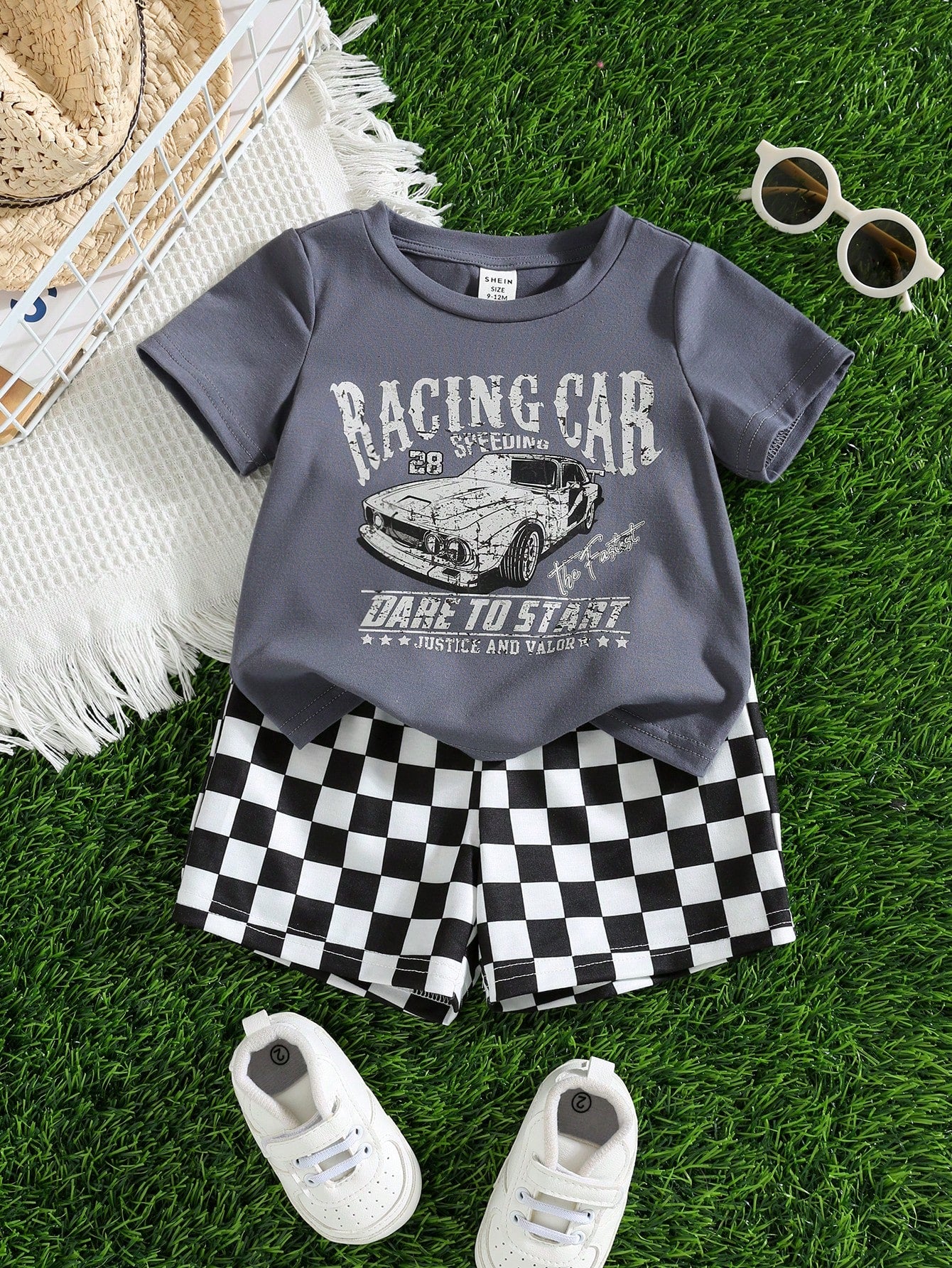 2pcs/Set Baby Boy Cute Summer Casual Vintage Distressed Car Graphic Loose Short Sleeve T-Shirt & Checkerboard Shorts Set, Racing Car Outfit For Infant