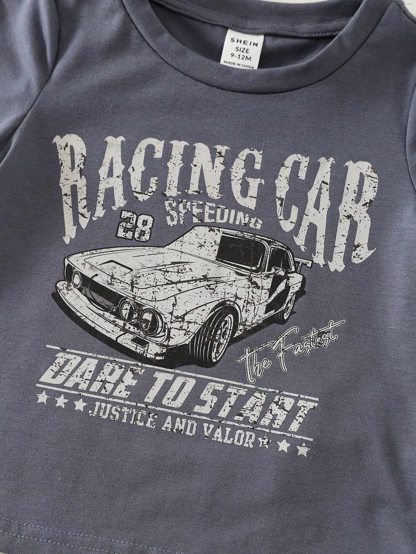 2pcs/Set Baby Boy Cute Summer Casual Vintage Distressed Car Graphic Loose Short Sleeve T-Shirt & Checkerboard Shorts Set, Racing Car Outfit For Infant