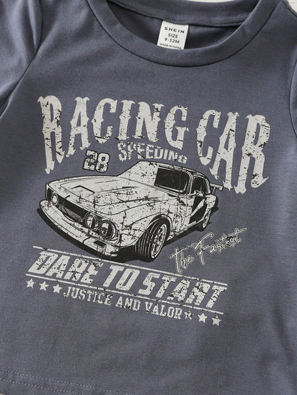 2pcs/Set Baby Boy Cute Summer Casual Vintage Distressed Car Graphic Loose Short Sleeve T-Shirt & Checkerboard Shorts Set, Racing Car Outfit For Infant