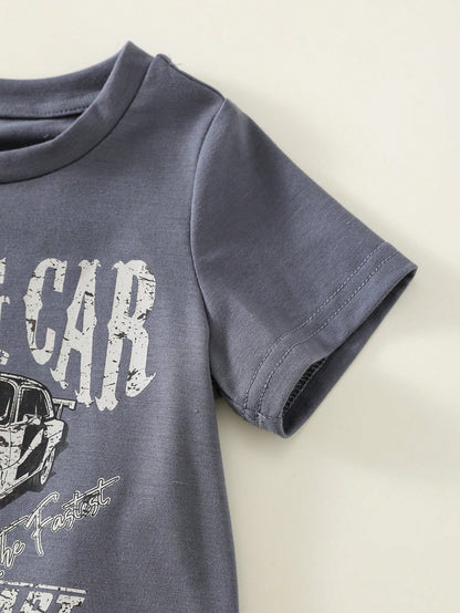 2pcs/Set Baby Boy Cute Summer Casual Vintage Distressed Car Graphic Loose Short Sleeve T-Shirt & Checkerboard Shorts Set, Racing Car Outfit For Infant