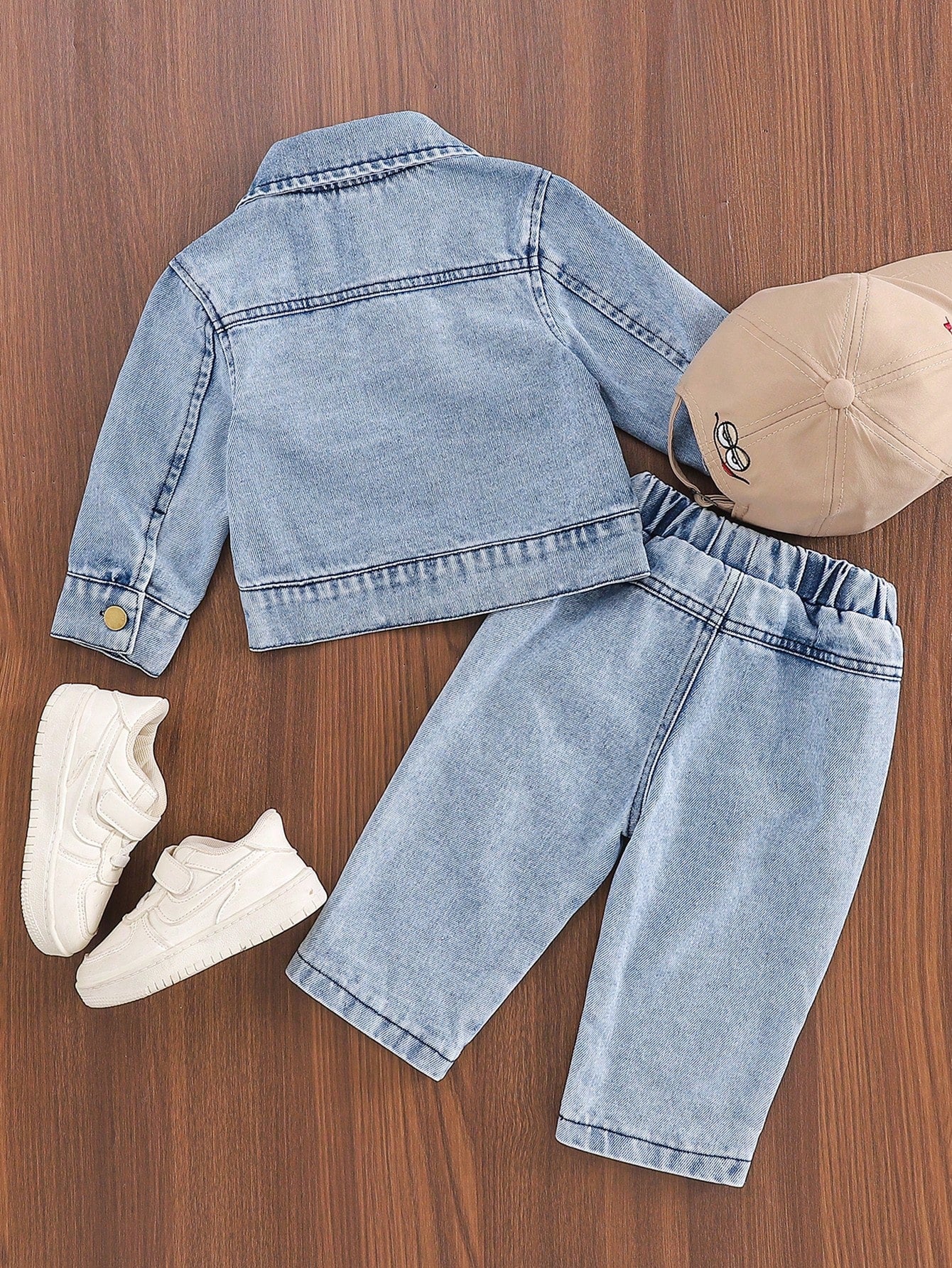 2pcs/Set Baby Boys Casual Vintage Washed Blue Denim Lapel Jacket Top And Faded Denim Jeans Pants Outfit Comfortable All-Match Autumn Vacation Set