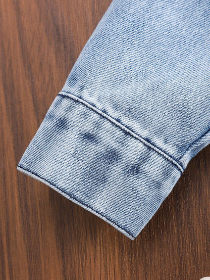 2pcs/Set Baby Boys Casual Vintage Washed Blue Denim Lapel Jacket Top And Faded Denim Jeans Pants Outfit Comfortable All-Match Autumn Vacation Set