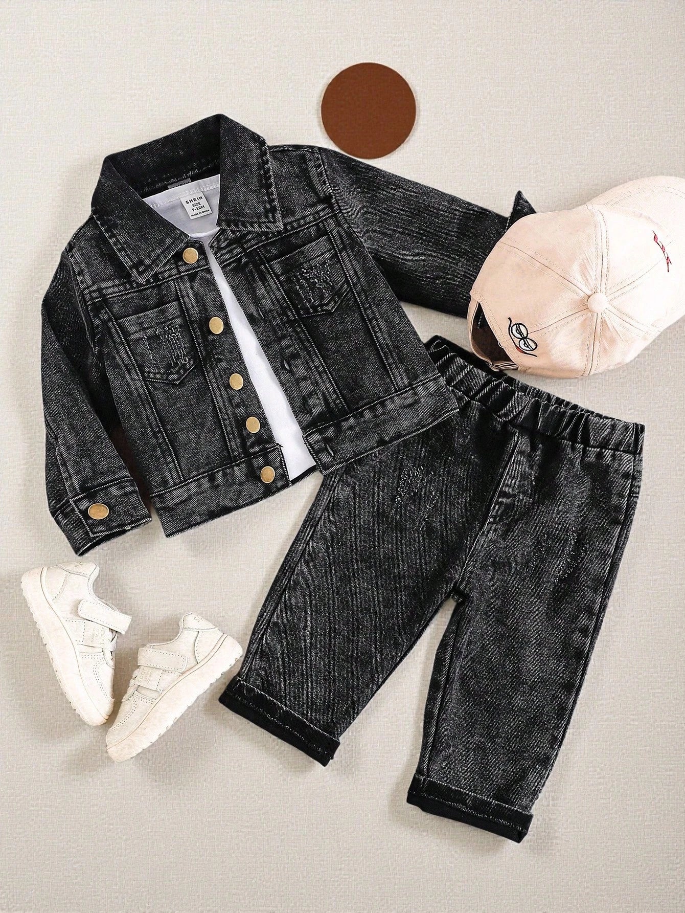 2pcs/Set Baby Boys Casual Vintage Washed Blue Denim Lapel Jacket Top And Faded Denim Jeans Pants Outfit Comfortable All-Match Autumn Vacation Set