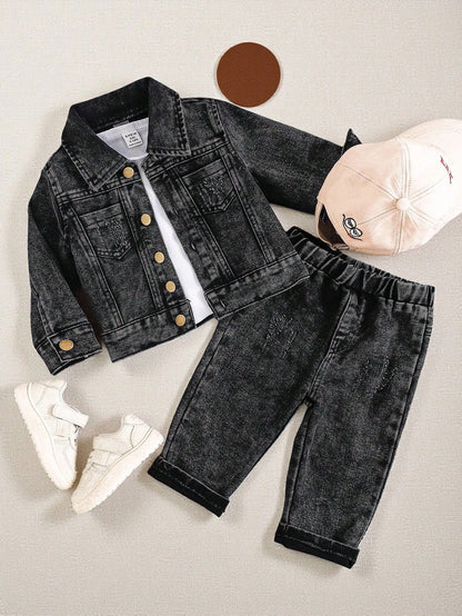 2pcs/Set Baby Boys Casual Vintage Washed Blue Denim Lapel Jacket Top And Faded Denim Jeans Pants Outfit Comfortable All-Match Autumn Vacation Set