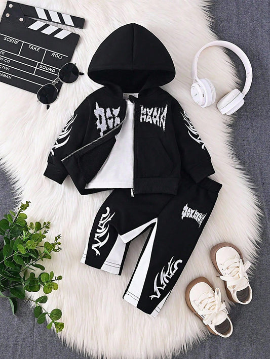 2pcs/Set Baby Boys Letter Embroidered Hooded Sweatshirt Jacket And Pants Black And White Autumn Street Life Casual Graphic Street Fashion Beach Soft