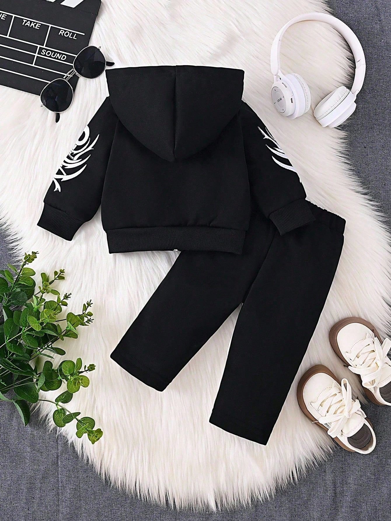 2pcs/Set Baby Boys Letter Embroidered Hooded Sweatshirt Jacket And Pants Black And White Autumn Street Life Casual Graphic Street Fashion Beach Soft