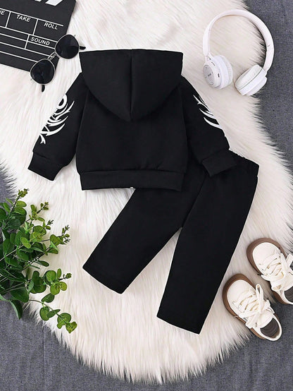 2pcs/Set Baby Boys Letter Embroidered Hooded Sweatshirt Jacket And Pants Black And White Autumn Street Life Casual Graphic Street Fashion Beach Soft