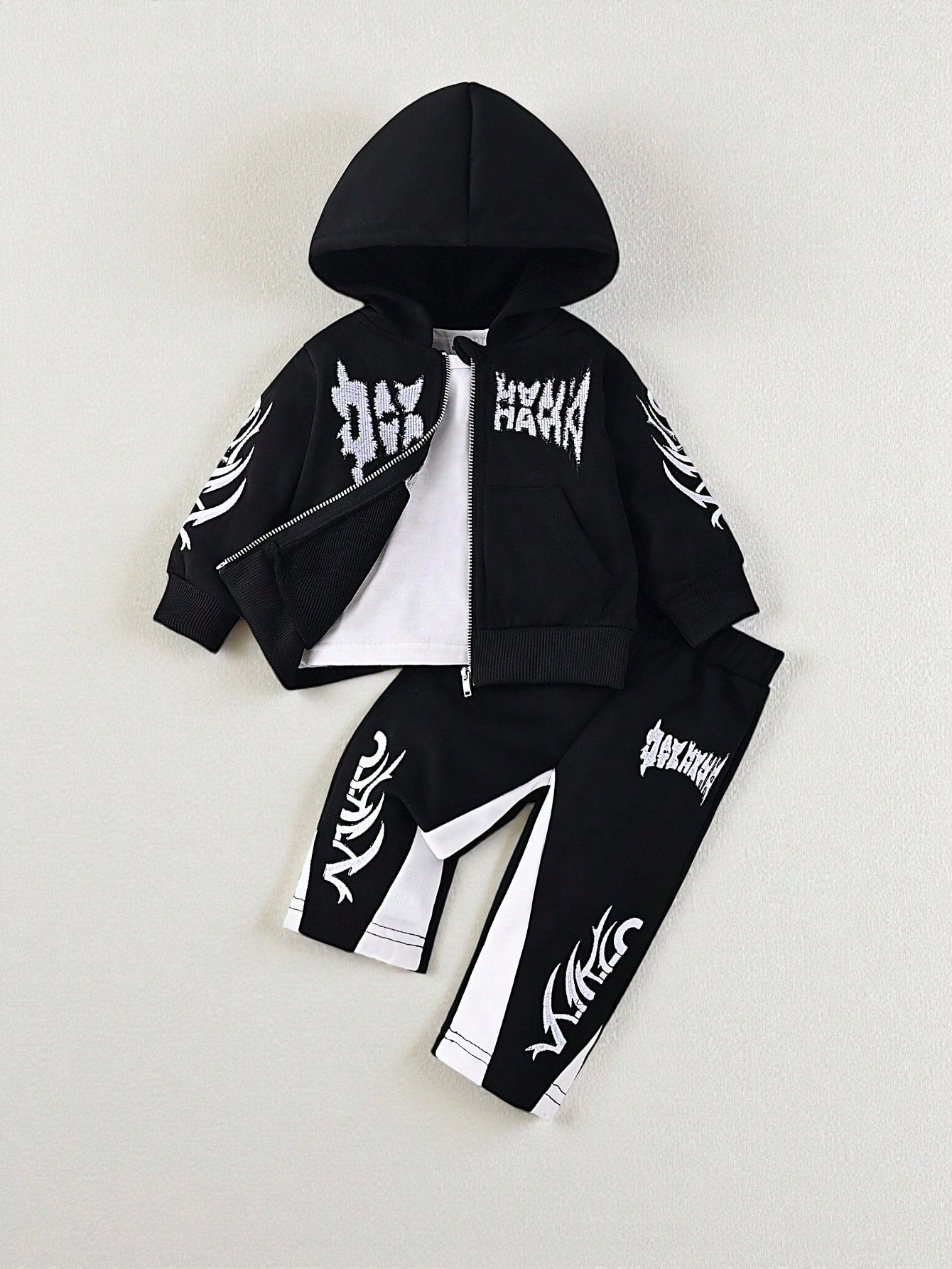 2pcs/Set Baby Boys Letter Embroidered Hooded Sweatshirt Jacket And Pants Black And White Autumn Street Life Casual Graphic Street Fashion Beach Soft